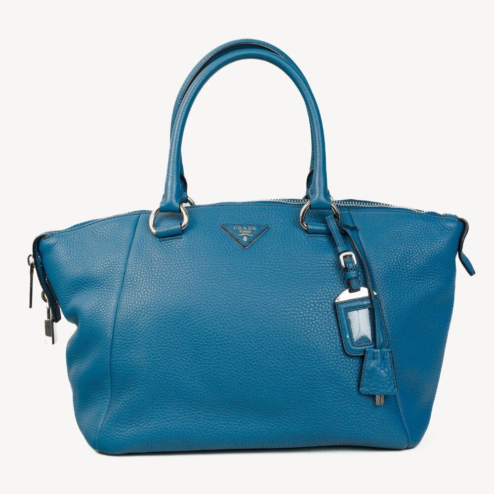 Prada Vitello Daino Double Handle Satchel Bag in Cobalto Blue